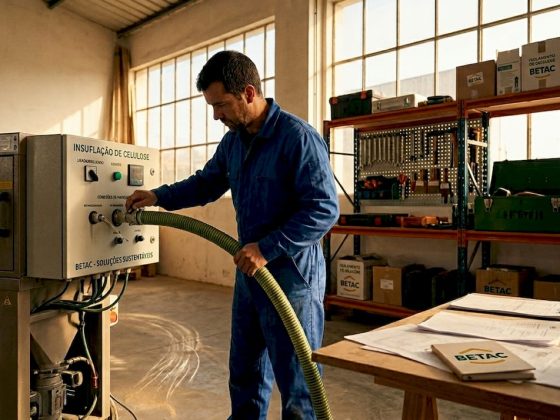 Técnico a preparar o equipamento de insuflação numa sala de escritório
