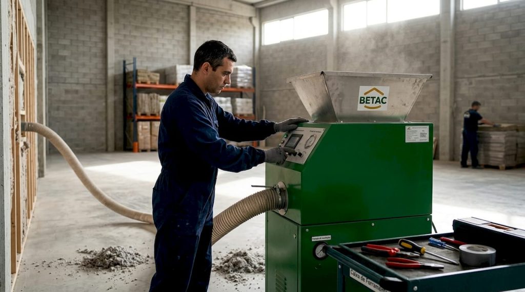Profissional a aplicar celulose projetada numa parede em fase de construção