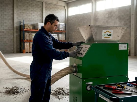 Profissional a aplicar celulose projetada numa parede em fase de construção