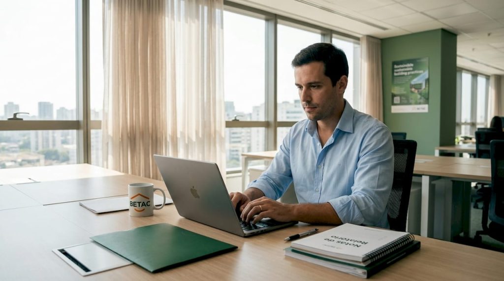 Colaborador de escritório a trabalhar ao computador numa sala isolada acusticamente