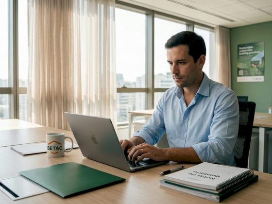 Colaborador de escritório a trabalhar ao computador numa sala isolada acusticamente