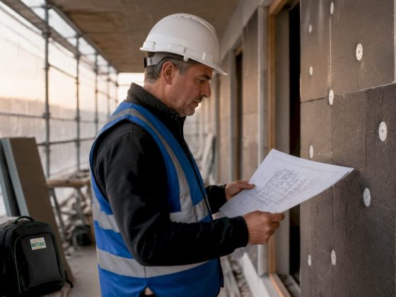 O engenheiro examina os projetos de isolamento durante a execução da obra.