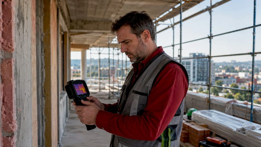 Técnico a utilizar uma câmara térmica para avaliar o isolamento de um edifício.