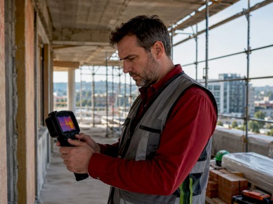 Técnico a utilizar uma câmara térmica para avaliar o isolamento de um edifício.