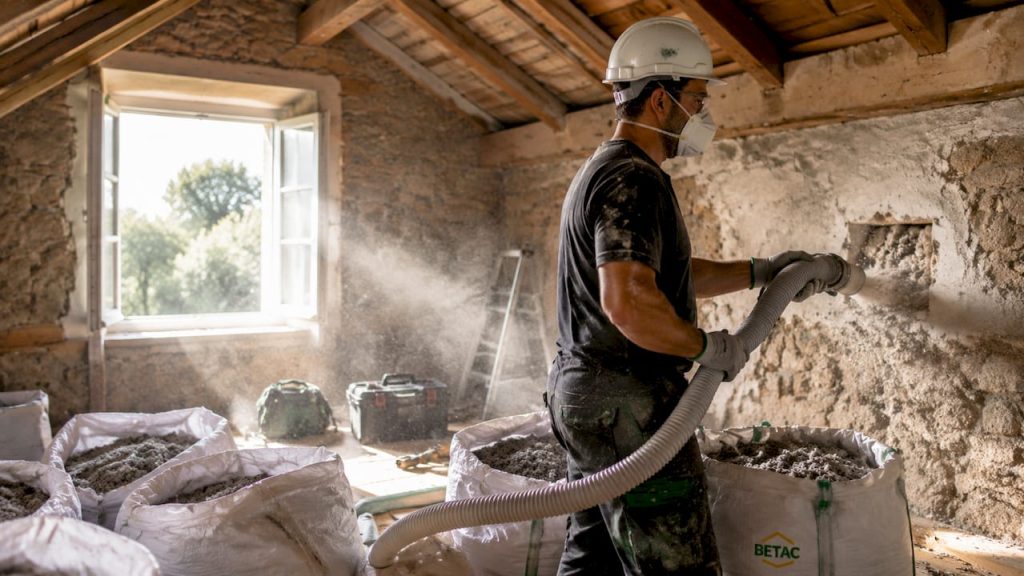 Profissional a aplicar isolamento de celulose no sótão