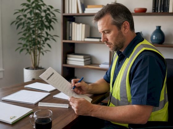 O inspetor faz a verificação da lista de pontos na casa depois das obras estarem concluídas.