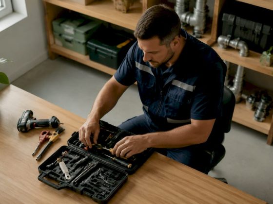 Técnico a arrumar o seu conjunto de ferramentas de manutenção