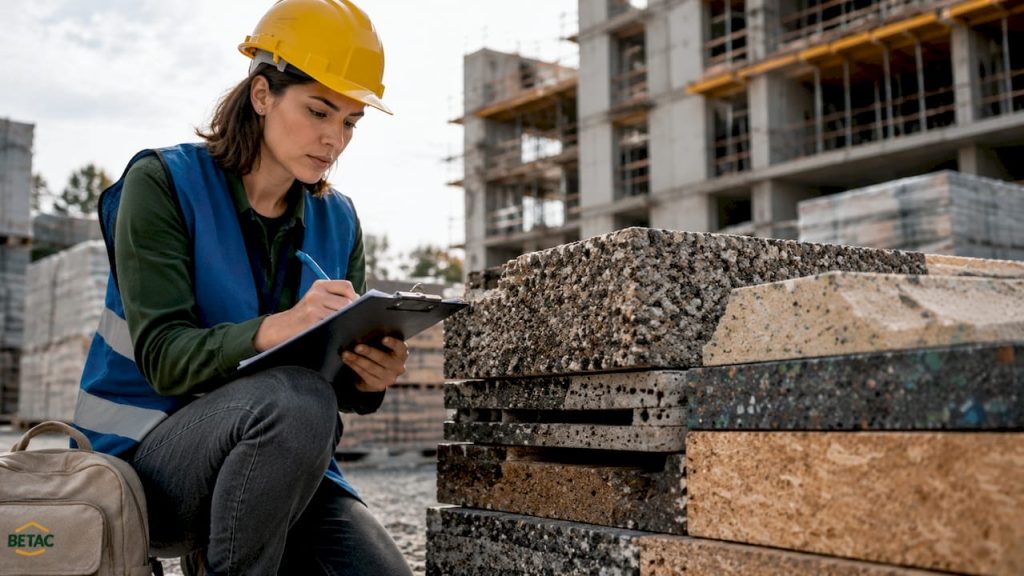 Engenheiro a avaliar materiais de construção reciclados