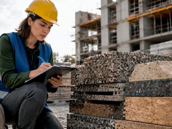 Engenheiro a avaliar materiais de construção reciclados