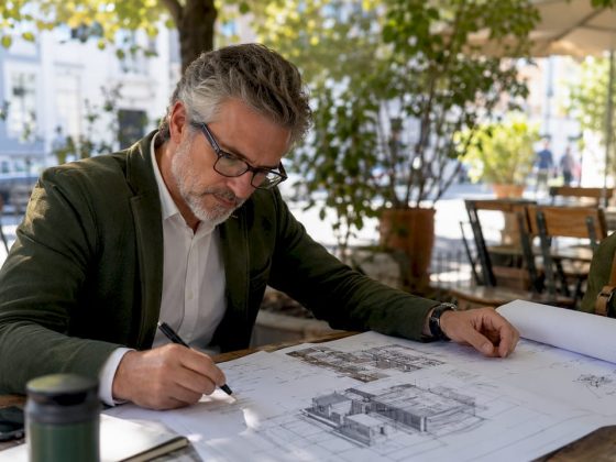 Arquiteto a analisar os planos de isolamento térmico