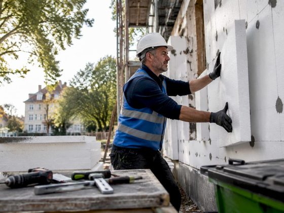 Profissional a aplicar isolamento térmico na fachada do edifício
