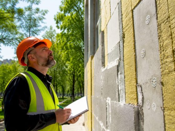 Engenheiro a verificar a qualidade do isolamento térmico numa obra