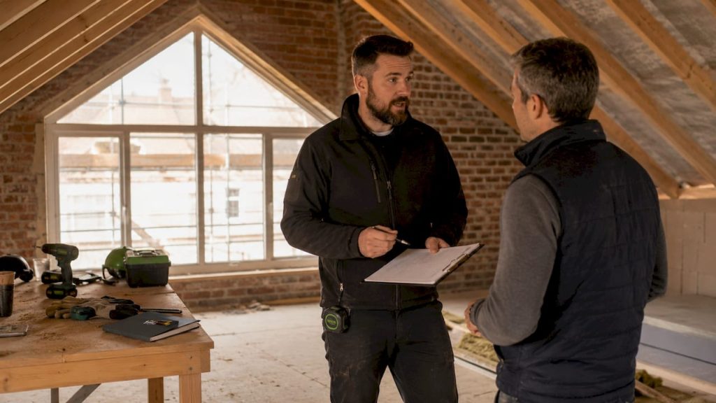 O proprietário e o técnico estão a conversar sobre a melhor forma de isolar o telhado da casa.
