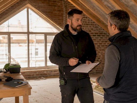 O proprietário e o técnico estão a conversar sobre a melhor forma de isolar o telhado da casa.