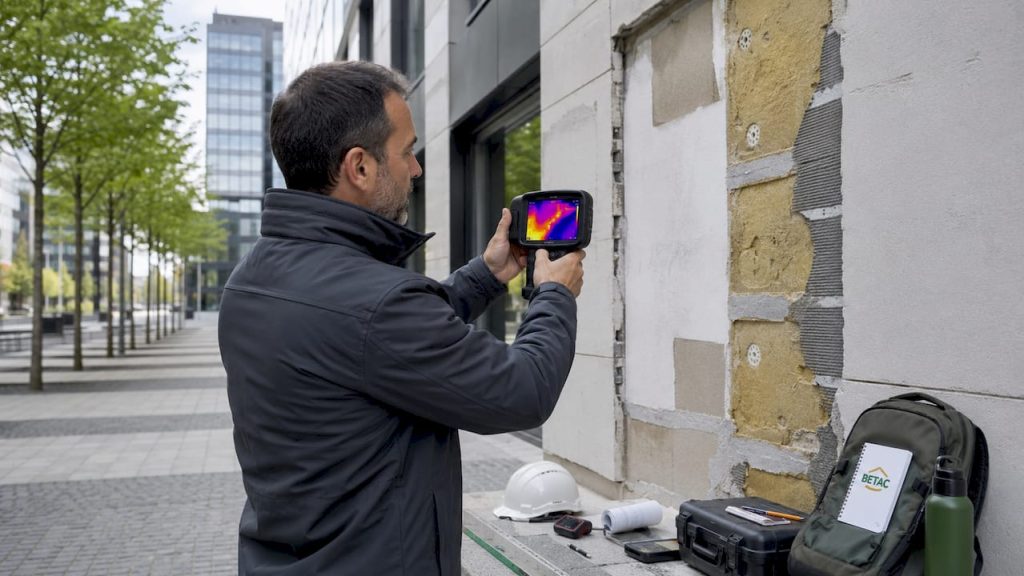 Técnico a realizar medições de pontes térmicas na fachada do edifício