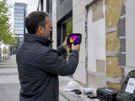 Técnico a realizar medições de pontes térmicas na fachada do edifício