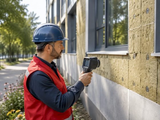Profissional a fazer uma análise térmica num prédio