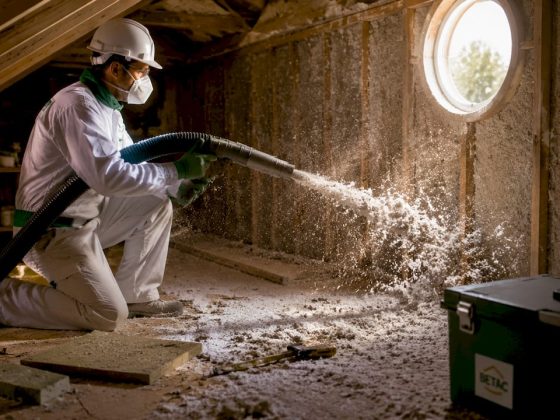 Profissional a realizar a aplicação de isolamento térmico por insuflação no sótão