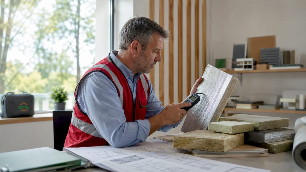 Técnico a verificar materiais de isolamento no interior de um edifício