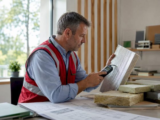 Técnico a verificar materiais de isolamento no interior de um edifício