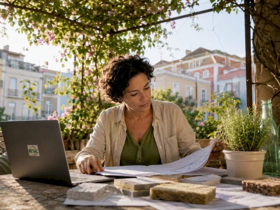 Pessoa a analisar propostas de isolamento sustentável para habitações