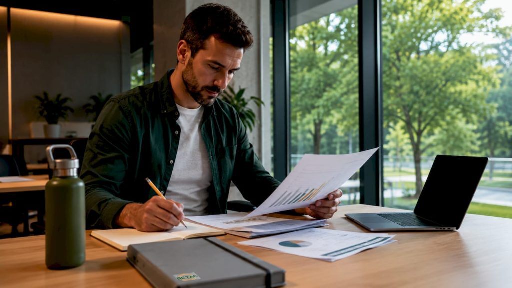 Especialista a analisar relatórios de eficiência energética