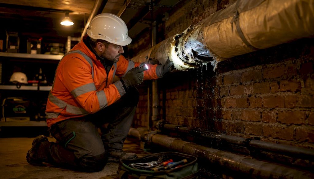 O engenheiro realiza uma verificação ao isolamento térmico na sala das máquinas.