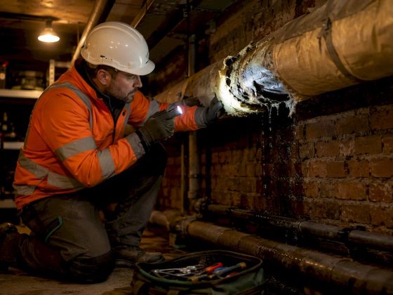 O engenheiro realiza uma verificação ao isolamento térmico na sala das máquinas.