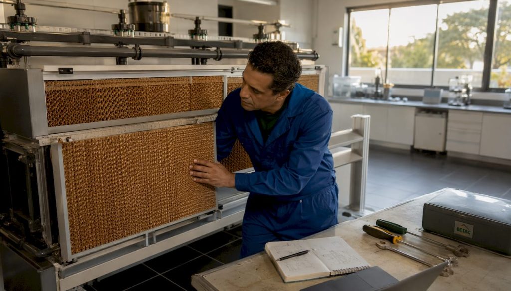 Profissional a verificar o estado das placas de celulose no sistema de evaporação.