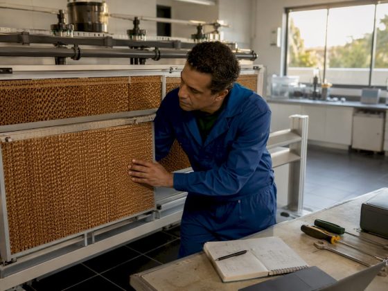Profissional a verificar o estado das placas de celulose no sistema de evaporação.