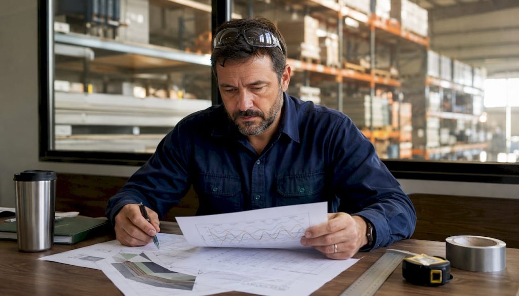 Engenheiro a avaliar materiais de isolamento industrial