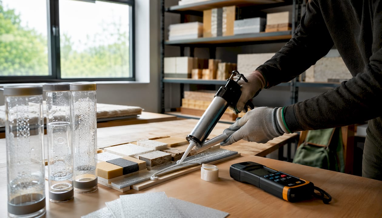 Profissionais a aplicar selantes com precisão, recorrendo a um medidor de humidade para garantir a qualidade do trabalho.