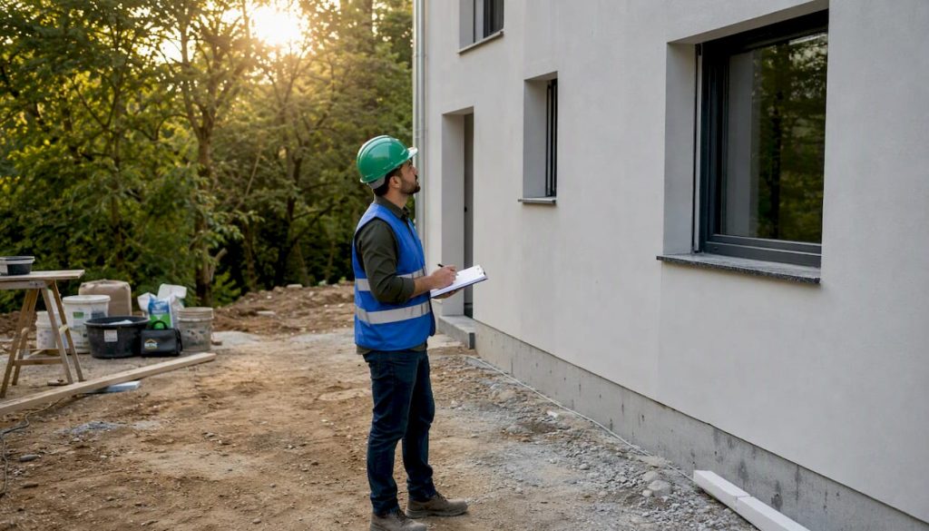 Engenheiro em obra a acompanhar a aplicação do isolamento térmico ETICS na fachada