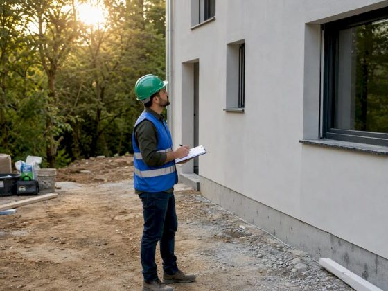 Engenheiro em obra a acompanhar a aplicação do isolamento térmico ETICS na fachada