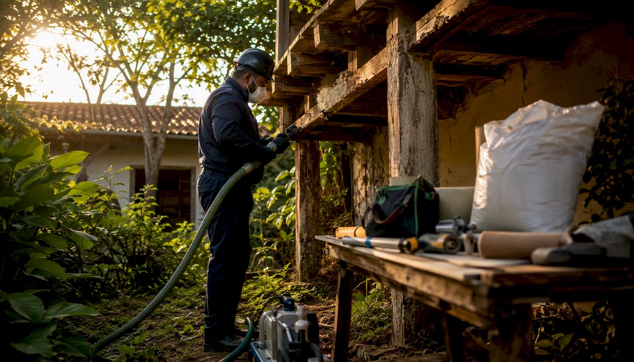 Profissional a aplicar isolamento térmico por insuflação no sótão de uma moradia