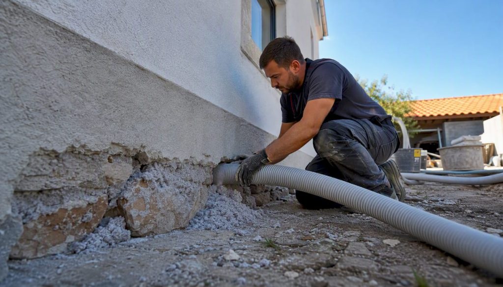 Profissional a aplicar isolamento de fibra de celulose numa parede