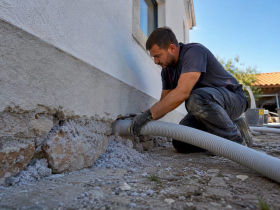 Profissional a aplicar isolamento de fibra de celulose numa parede