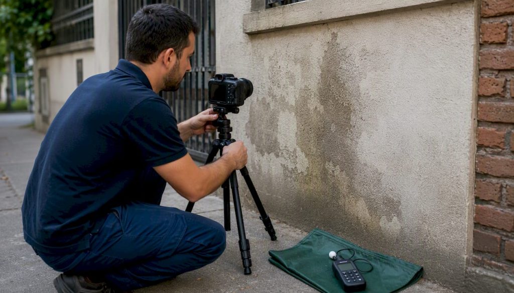 Técnico a analisar a parede de um edifício com uma câmara térmica