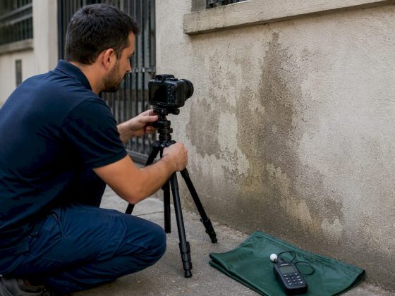 Técnico a analisar a parede de um edifício com uma câmara térmica