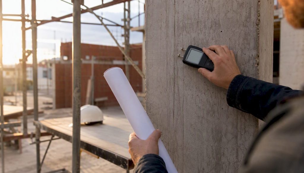 Técnico a verificar os níveis de humidade numa estrutura de betão
