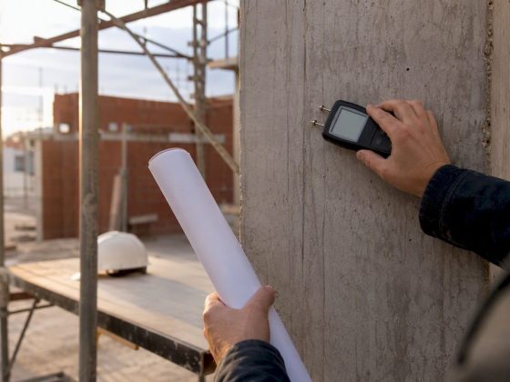 Técnico a verificar os níveis de humidade numa estrutura de betão