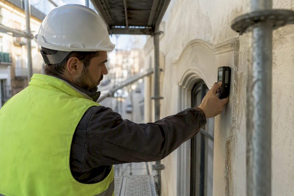Técnico a verificar os níveis de humidade na fachada de um edifício