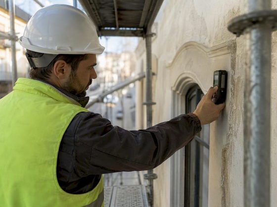 Técnico a verificar os níveis de humidade na fachada de um edifício