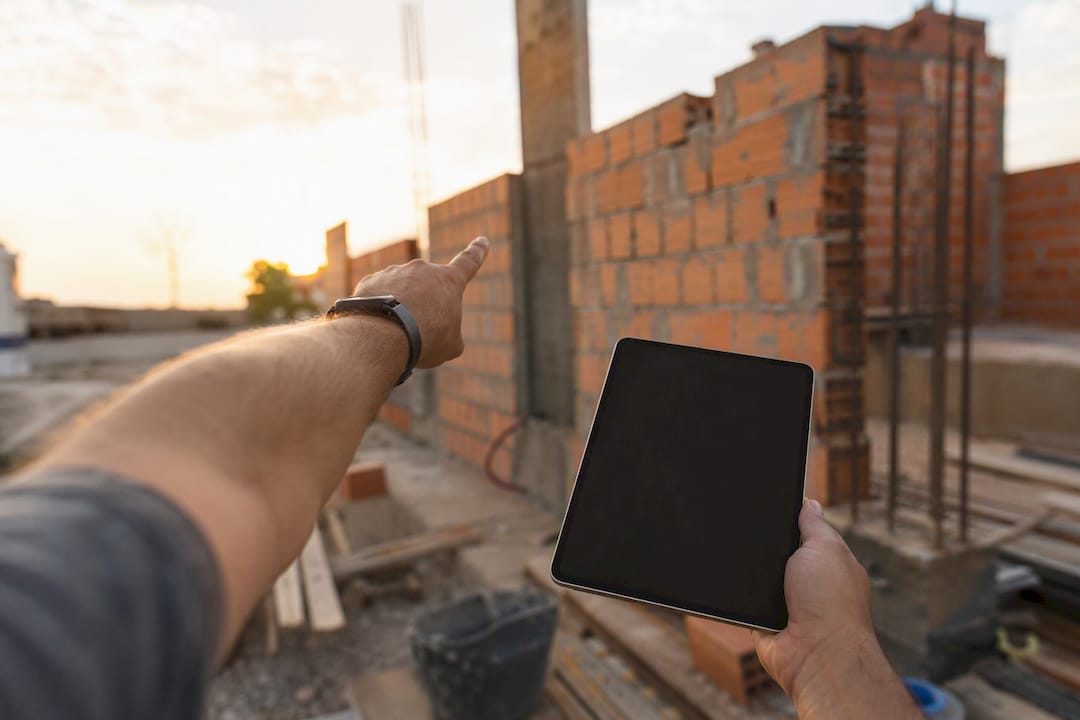 Mão a apontar para uma parede de construção em inspeção