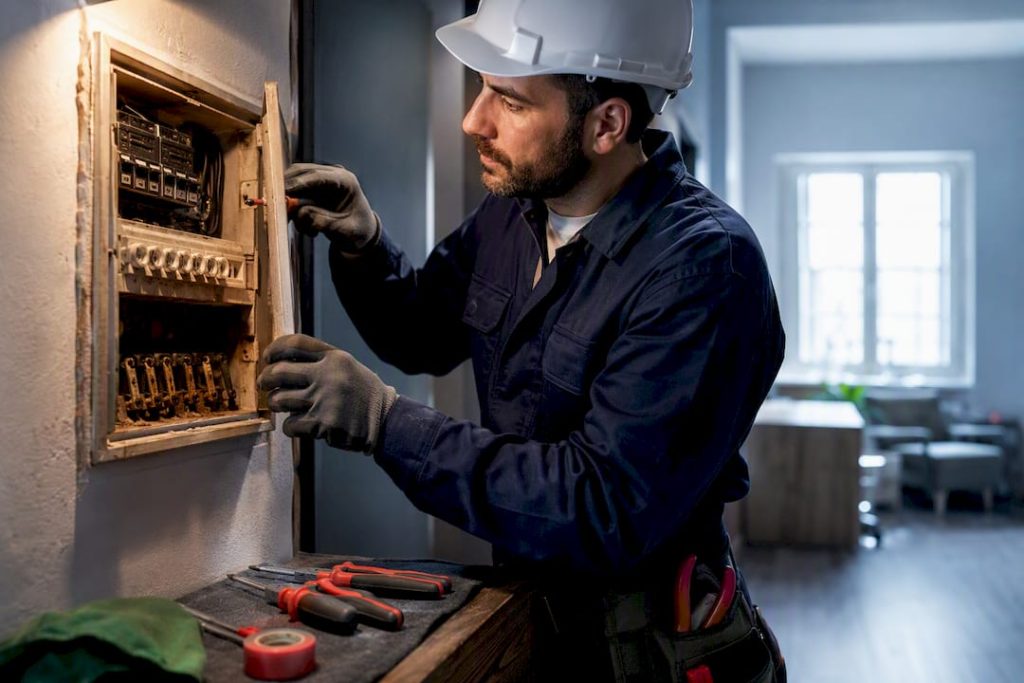 Electricista a inspecionar um quadro elétrico antigo