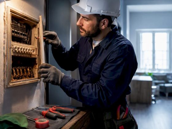 Electricista a inspecionar um quadro elétrico antigo