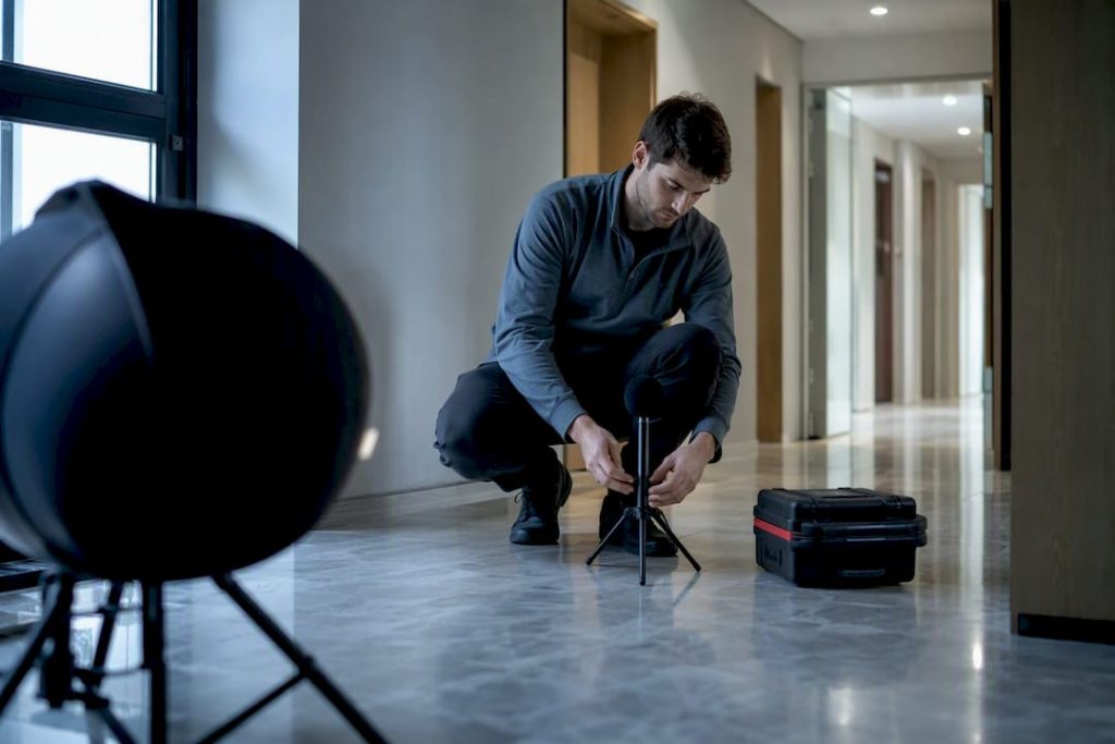 Técnico a fazer uma medição acústica num edifício