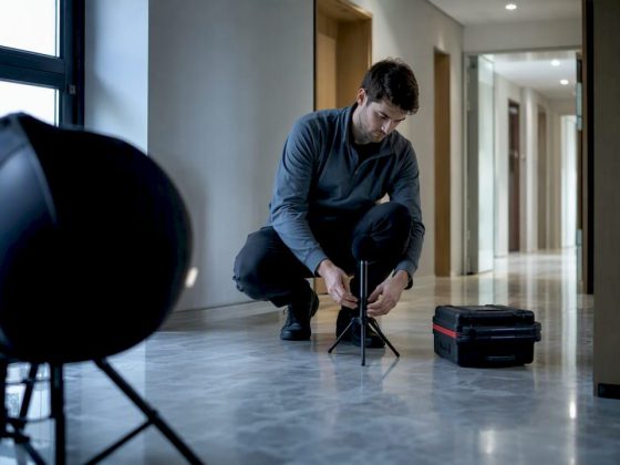 Técnico a fazer uma medição acústica num edifício