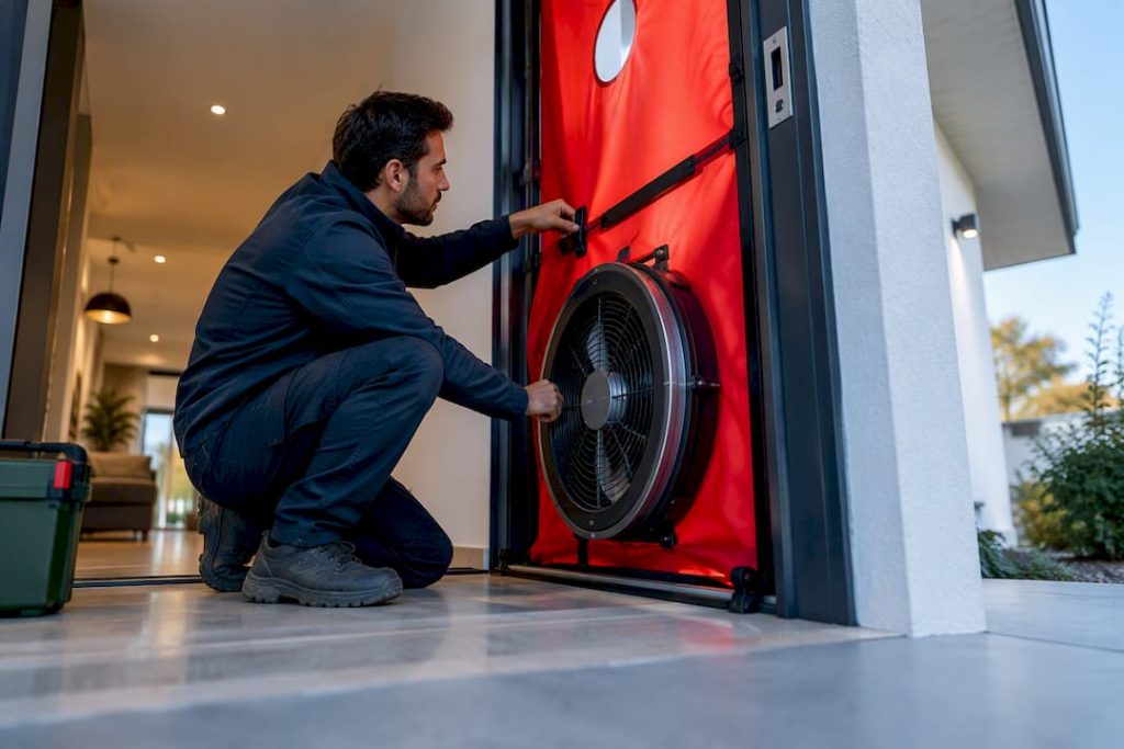 Técnico a montar equipamento de blower door