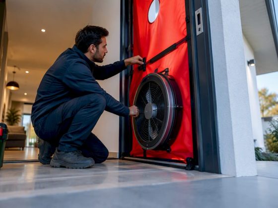 Técnico a montar equipamento de blower door